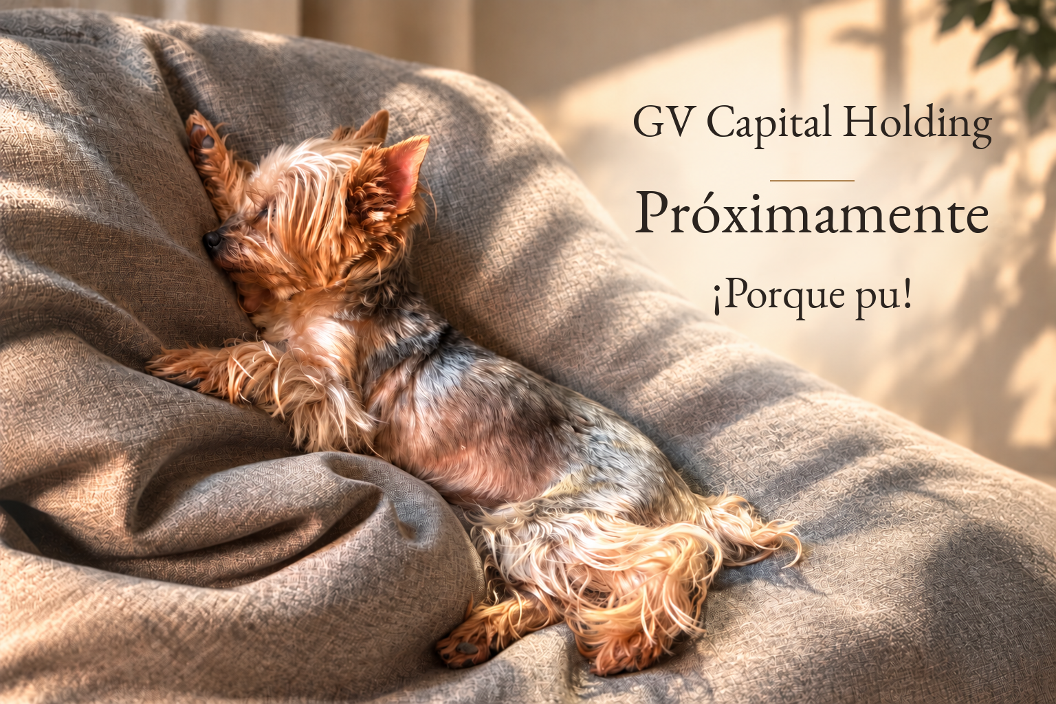 GV Capital Holding. Próximamente. ¡Porque pu! Una perrita Yorkshire descansa en el sofá.